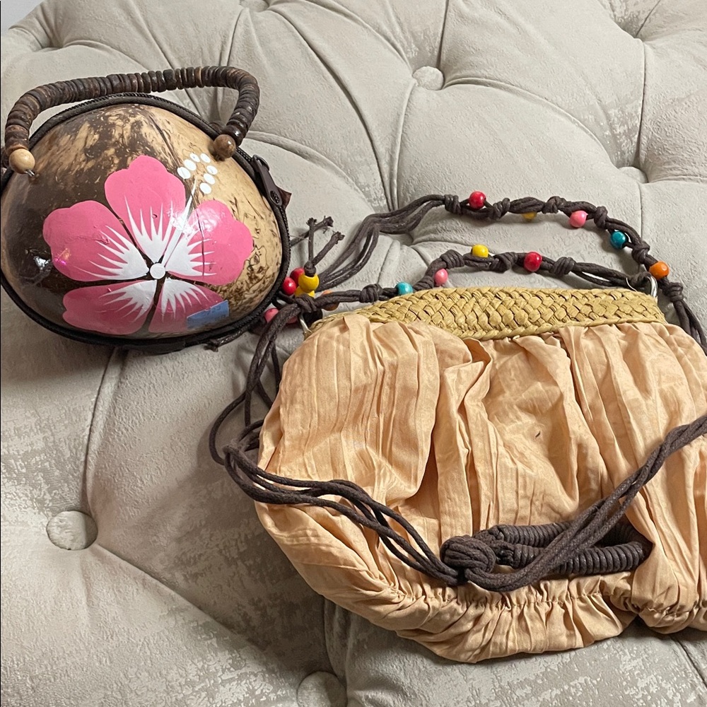 Floral Coconut Shell and Beige Women's Shoulder Bag Set